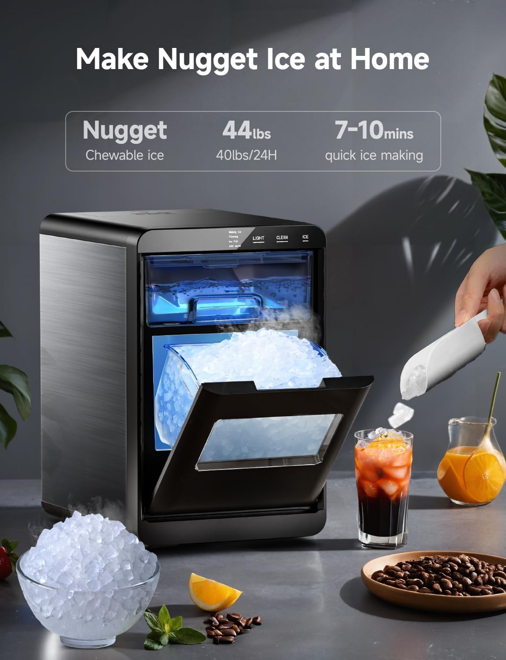 Countertop Nugget Ice Maker, 44Lbs/24H Pebble Ice Machine with Self-Cleaning