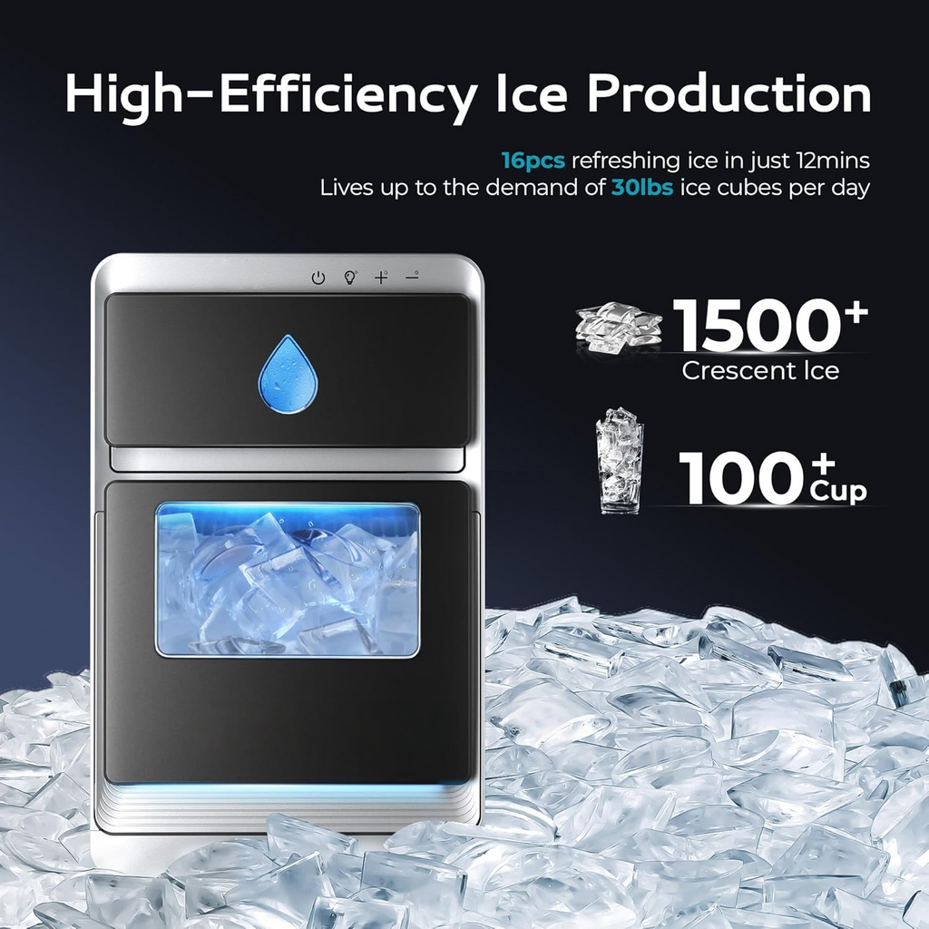 Countertop Crescent Ice Maker | 12-Min Fast Ice, 1600pcs/Day, Portable with Timer & Auto-Cleaning
