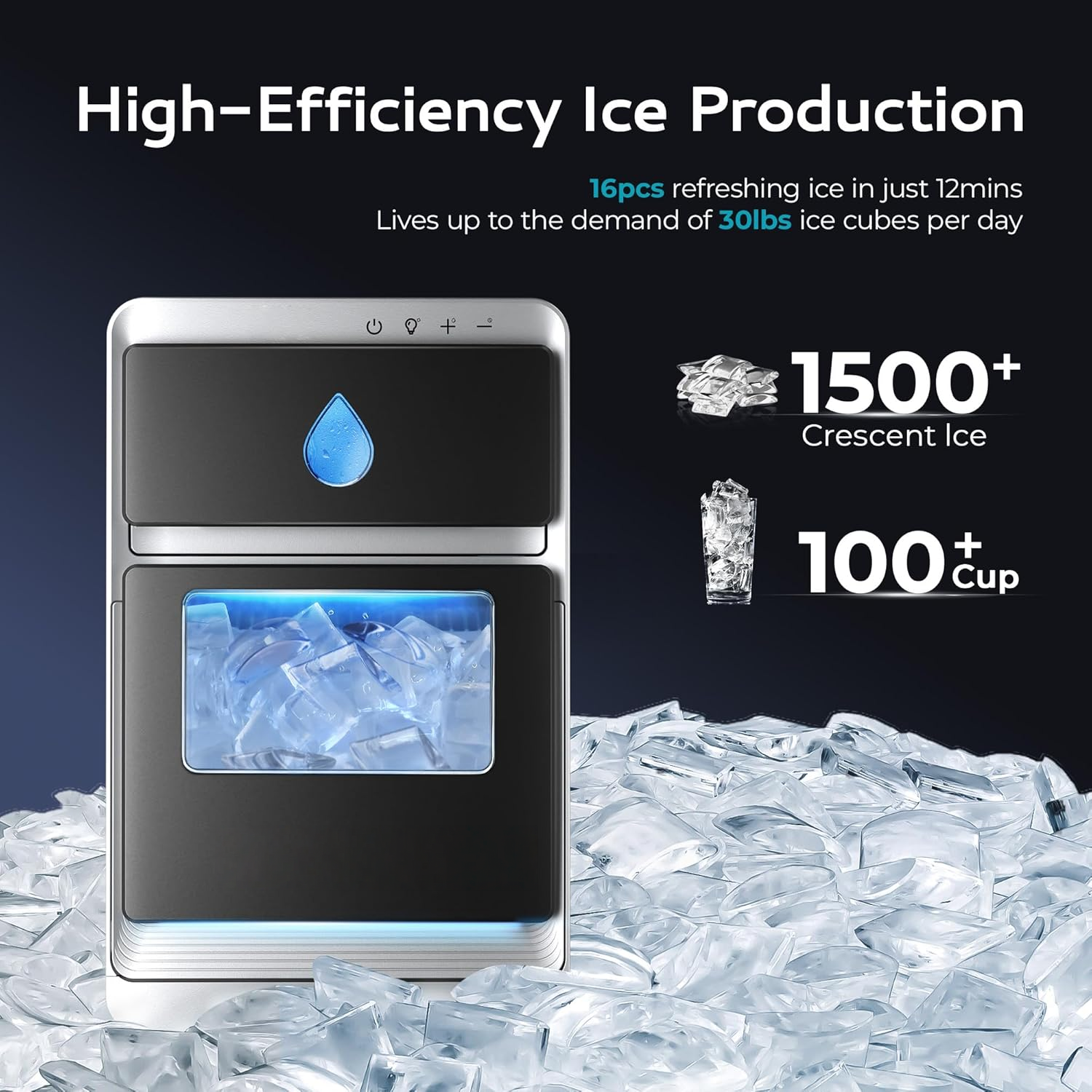 Countertop Crescent Ice Maker | 12-Min Fast Ice, 1600pcs/Day, Portable with Timer & Auto-Cleaning