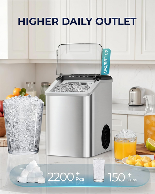 Countertop Nugget Ice Maker | 40lbs/Day, Auto-Cleaning, 2Qt Reservoir, Compact Stainless Steel