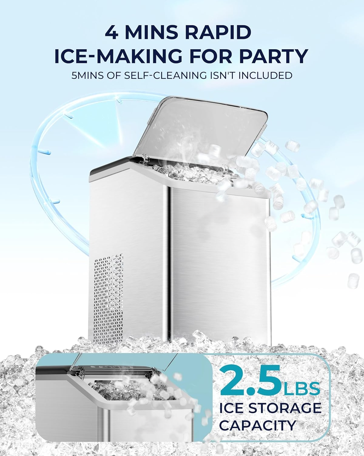 Countertop Nugget Ice Maker | 40lbs/Day, Auto-Cleaning, 2Qt Reservoir, Compact Stainless Steel