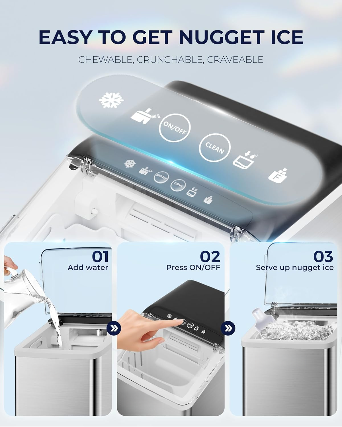 Countertop Nugget Ice Maker | 40lbs/Day, Auto-Cleaning, 2Qt Reservoir, Compact Stainless Steel