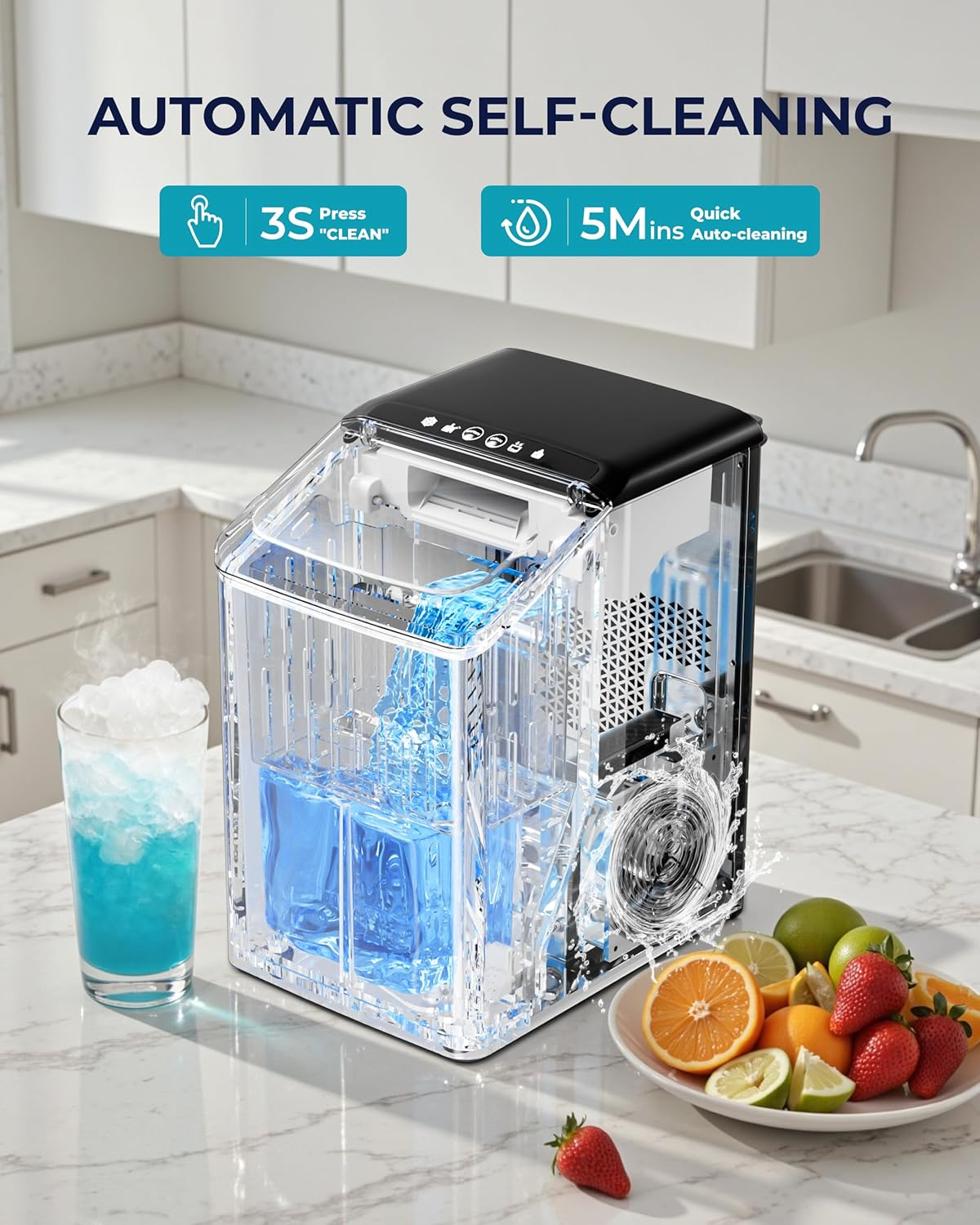 Countertop Nugget Ice Maker | 40lbs/Day, Auto-Cleaning, 2Qt Reservoir, Compact Stainless Steel