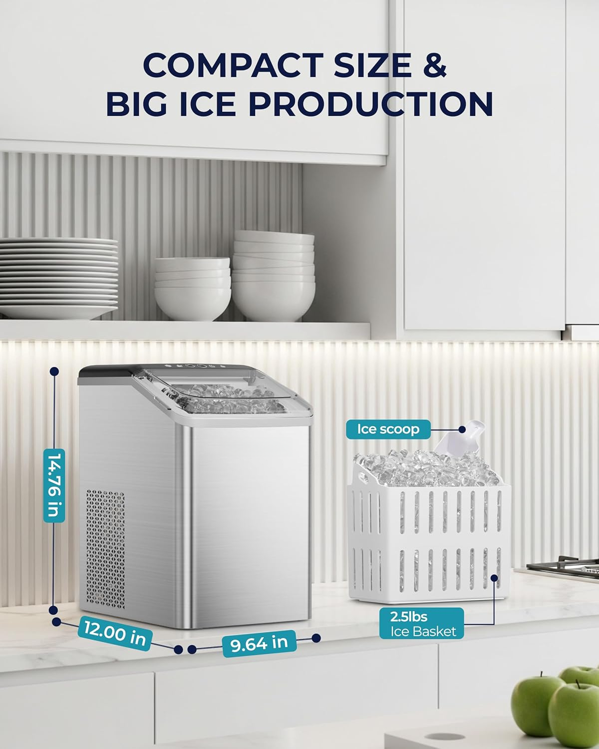 Countertop Nugget Ice Maker | 40lbs/Day, Auto-Cleaning, 2Qt Reservoir, Compact Stainless Steel