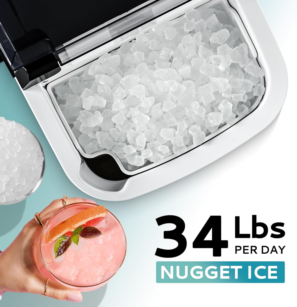Countertop Nugget Ice Maker | 6 Mins Fast Ice, 34lbs/Day, Portable with Handle & Scoop
