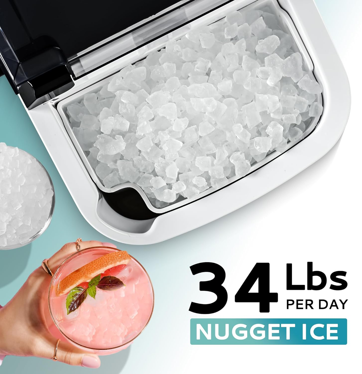 Countertop Nugget Ice Maker | 6 Mins Fast Ice, 34lbs/Day, Portable with Handle & Scoop