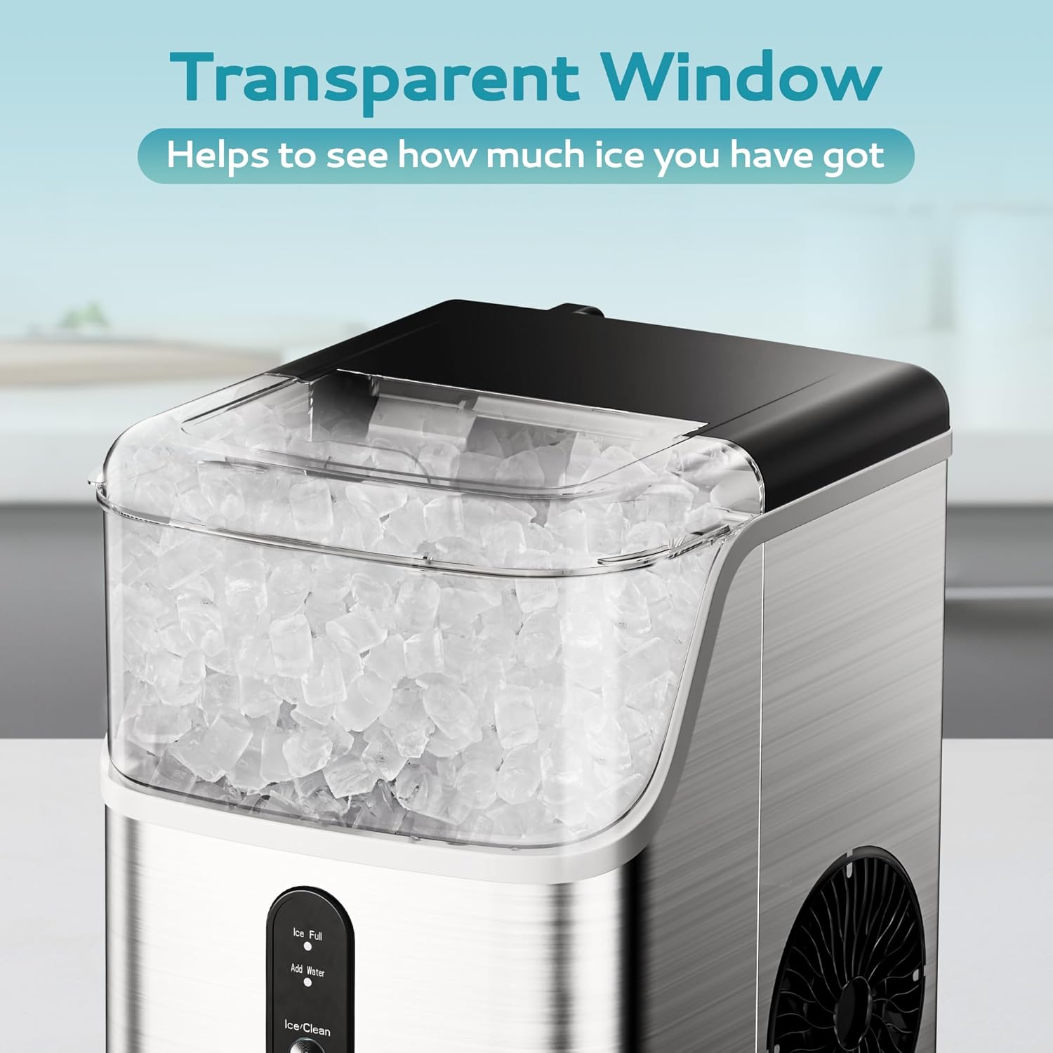 Countertop Nugget Ice Maker with Scoop & Basket, 35Lbs/24H Self-Cleaning Pellet Ice Machine, Stainless Steel Silver