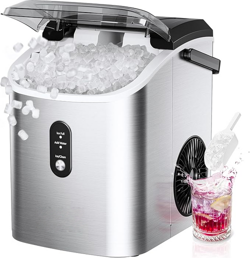 Countertop Nugget Ice Maker | 6 Mins Fast Ice, 34lbs/Day, Portable with Handle & Scoop