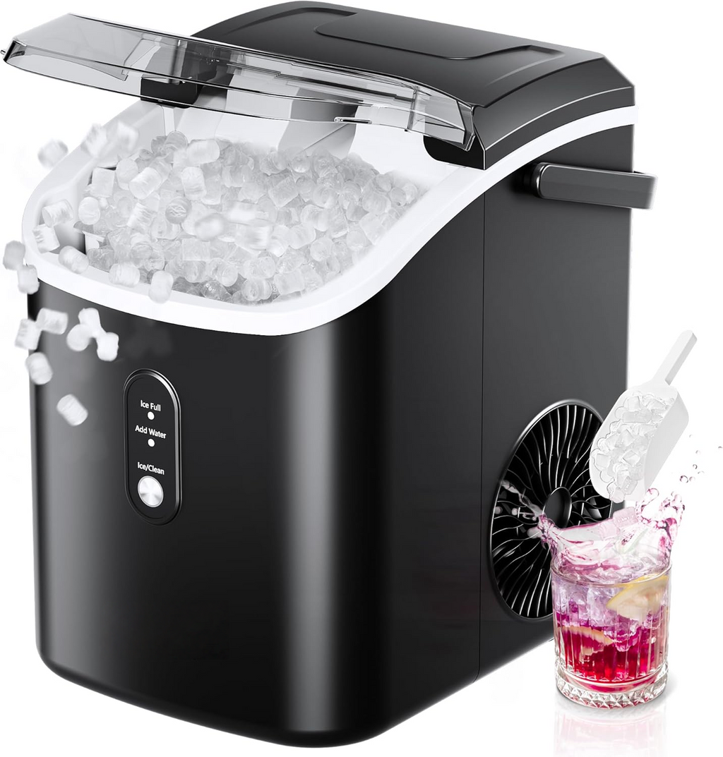 Countertop Nugget Ice Maker | 6 Mins Fast Ice, 34lbs/Day, Portable with Handle & Scoop