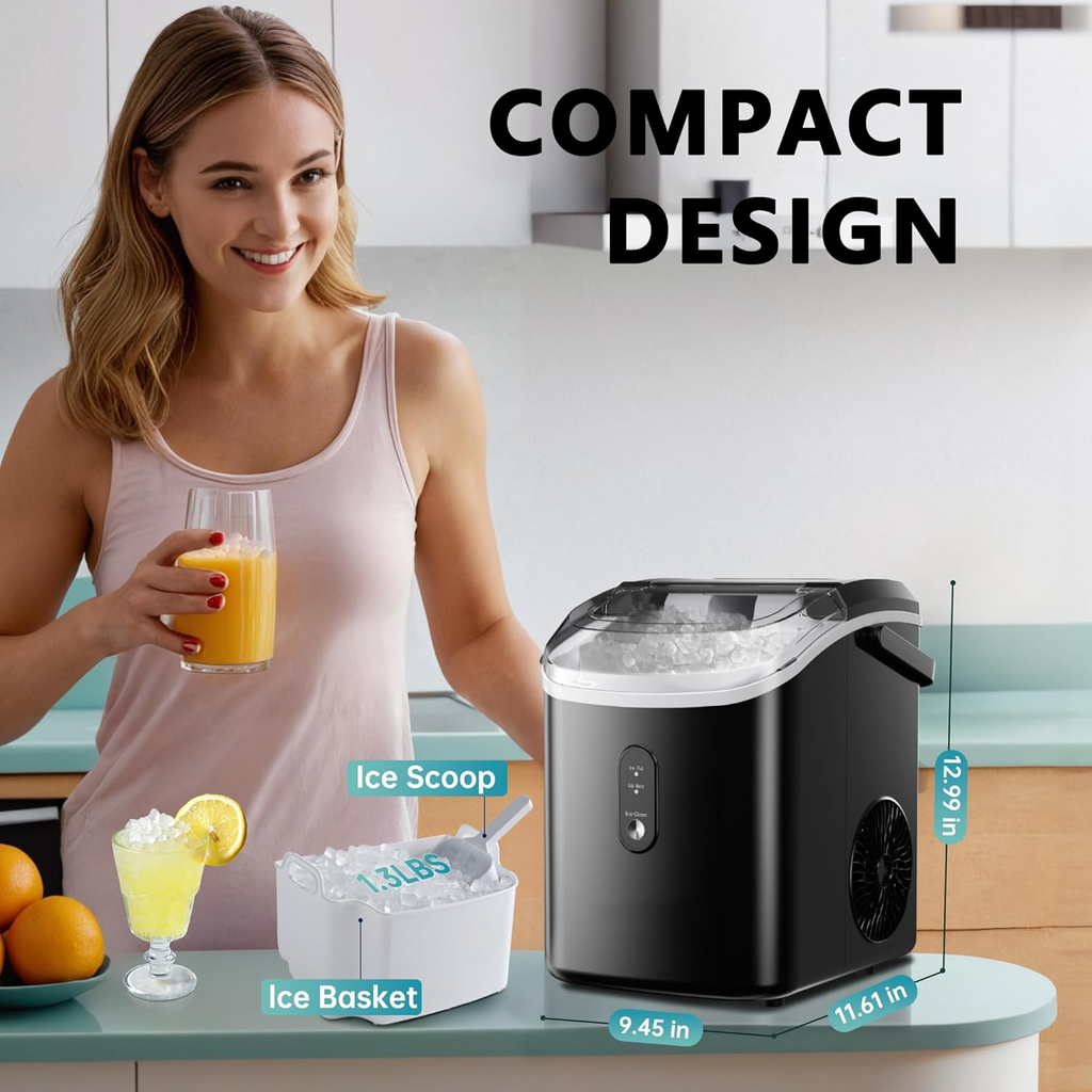Countertop Nugget Ice Maker | 6 Mins Fast Ice, 34lbs/Day, Portable with Handle & Scoop