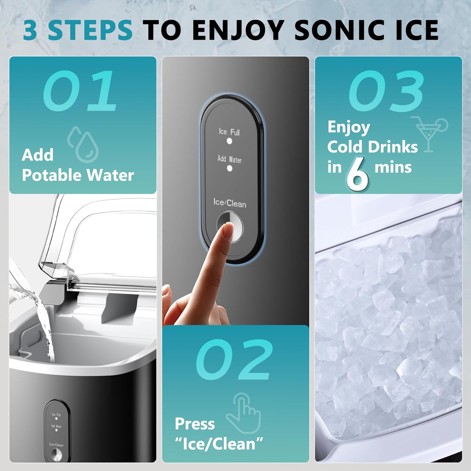 Countertop Nugget Ice Maker | 6 Mins Fast Ice, 34lbs/Day, Portable with Handle & Scoop