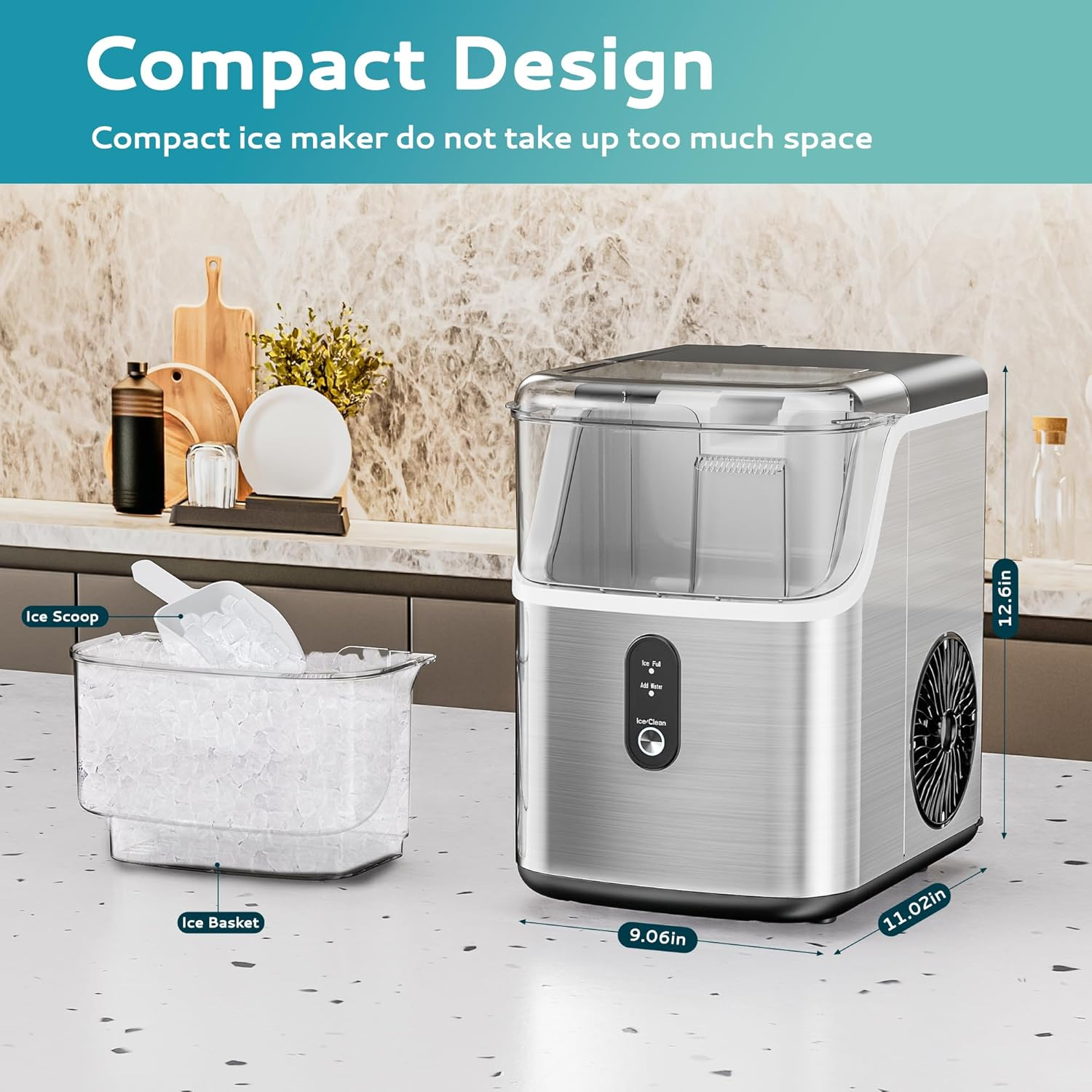 Countertop Nugget Ice Maker with Scoop & Basket, 35Lbs/24H Self-Cleaning Pellet Ice Machine, Stainless Steel Silver