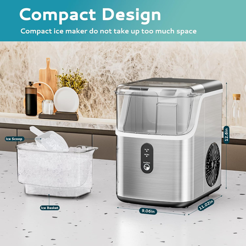 Countertop Nugget Ice Maker with Scoop & Basket, 35Lbs/24H Self-Cleaning Pellet Ice Machine, Stainless Steel Silver