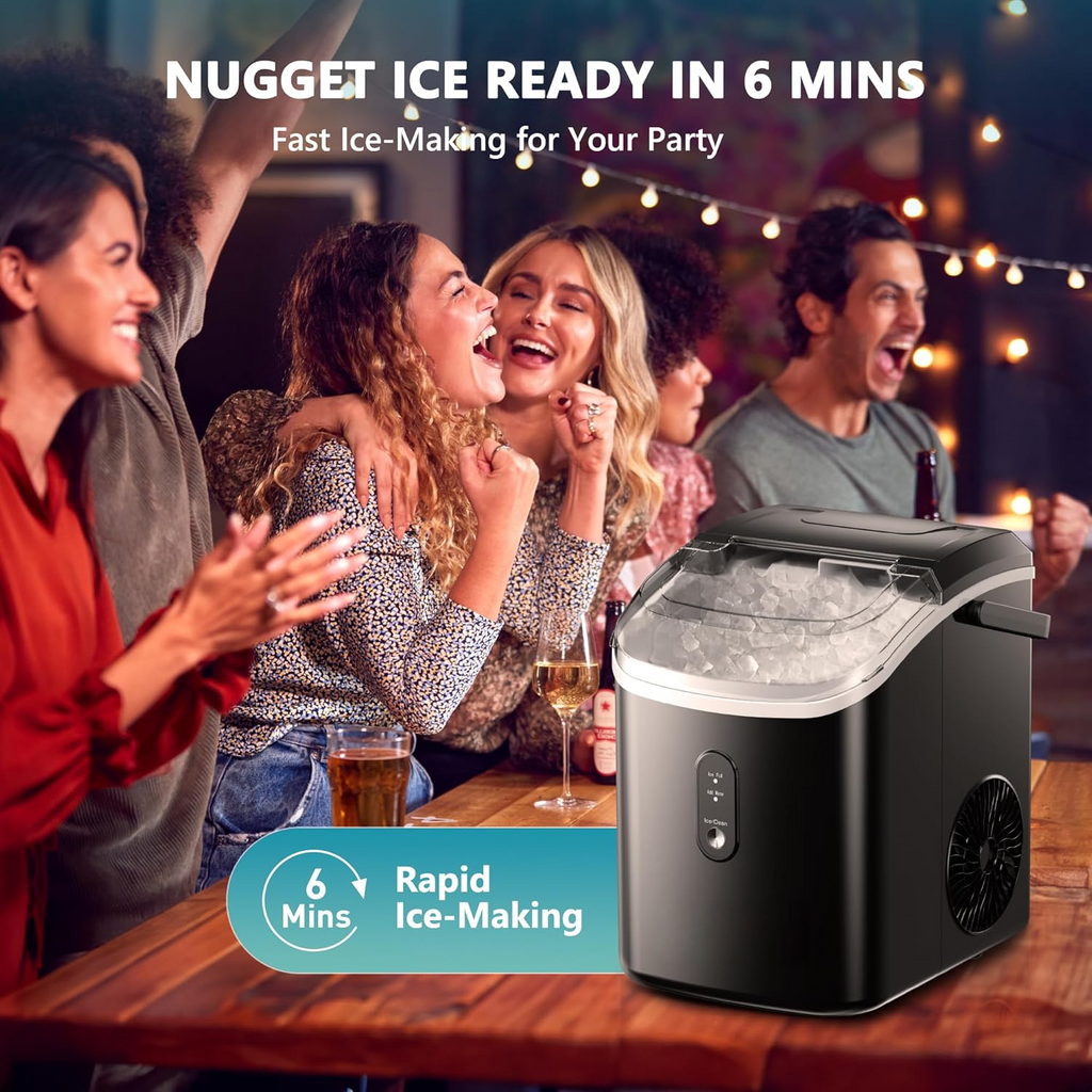 Countertop Nugget Ice Maker | 6 Mins Fast Ice, 34lbs/Day, Portable with Handle & Scoop