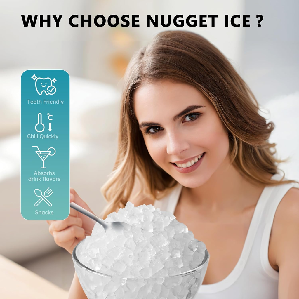 Countertop Nugget Ice Maker | 6 Mins Fast Ice, 34lbs/Day, Portable with Handle & Scoop